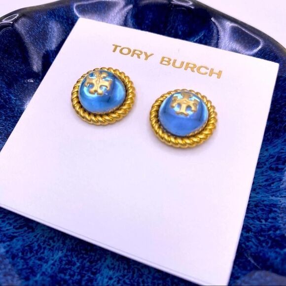 NWOT Tory Burch Gold Logo Light Blue Iridescent Stud Earrings - Picture 5 of 8
